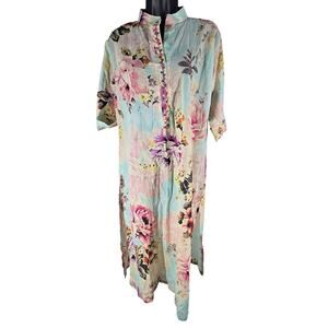 Lightweight Cotton Beach Cover Up Floral One Size Side Slits Beaded Embroidered